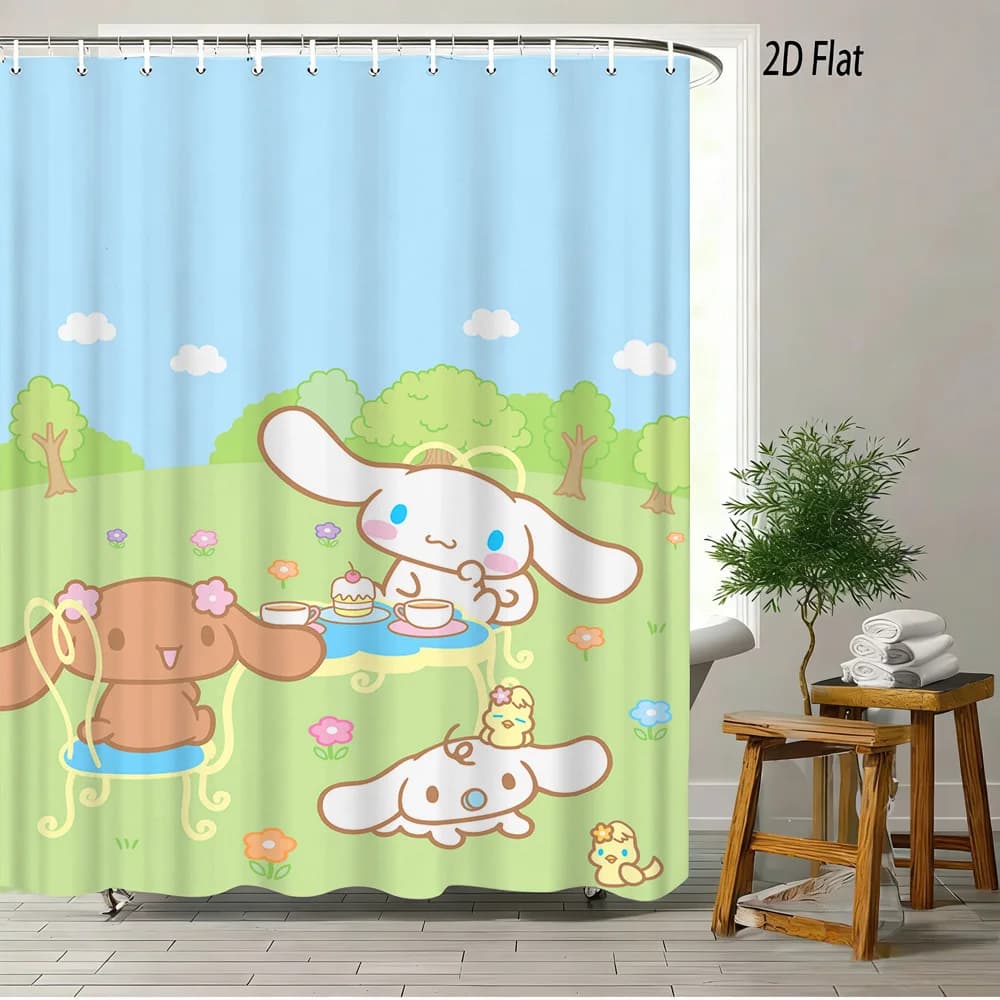 Simpatica tenda da doccia con stampa Cinnamoroll, tenda da bagno in tessuto poliestere impermeabile con 12 ganci, facile da installare per il bagno