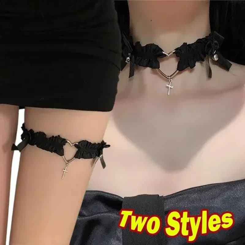 Collana girocollo sexy con fiocco e campanella QQ, nuova catena per clavicola 2025, reggicalze elastico in pelle PU da donna, anello per gamba e collo a cuore, regolabile per coscia S