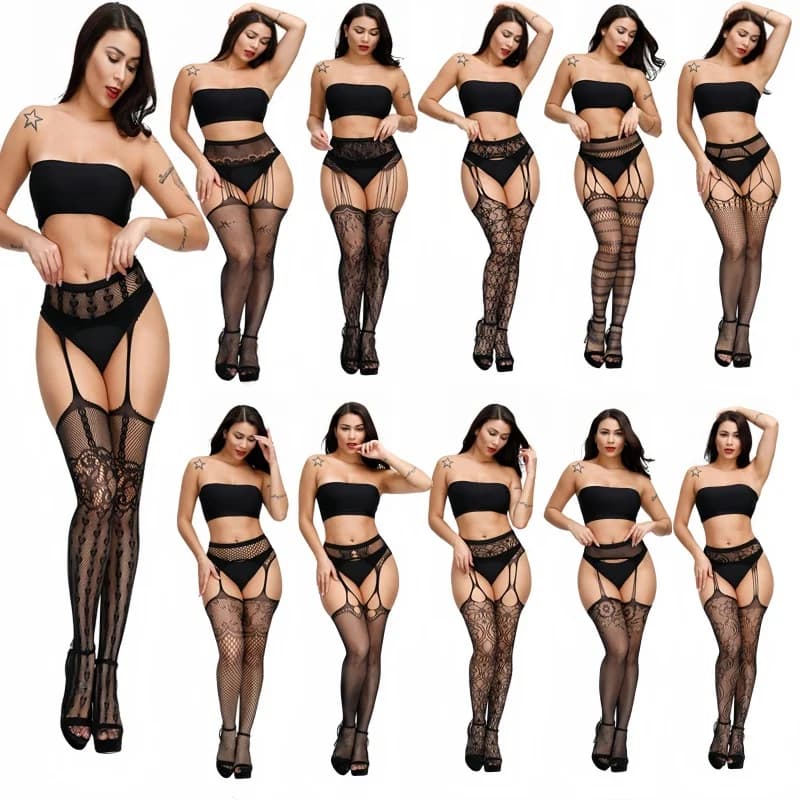 Plus Calza a rete sexy da donna con giarrettiera a vita alta Collant senza cavallo Bretelle Collant Party Club Collant a rete skinny