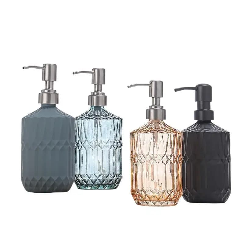 Diamond Textured Glass Hand Soap Dispenser Rustproof Pump for Bathroom Kitchen Countertop Decorative Storage Jar
