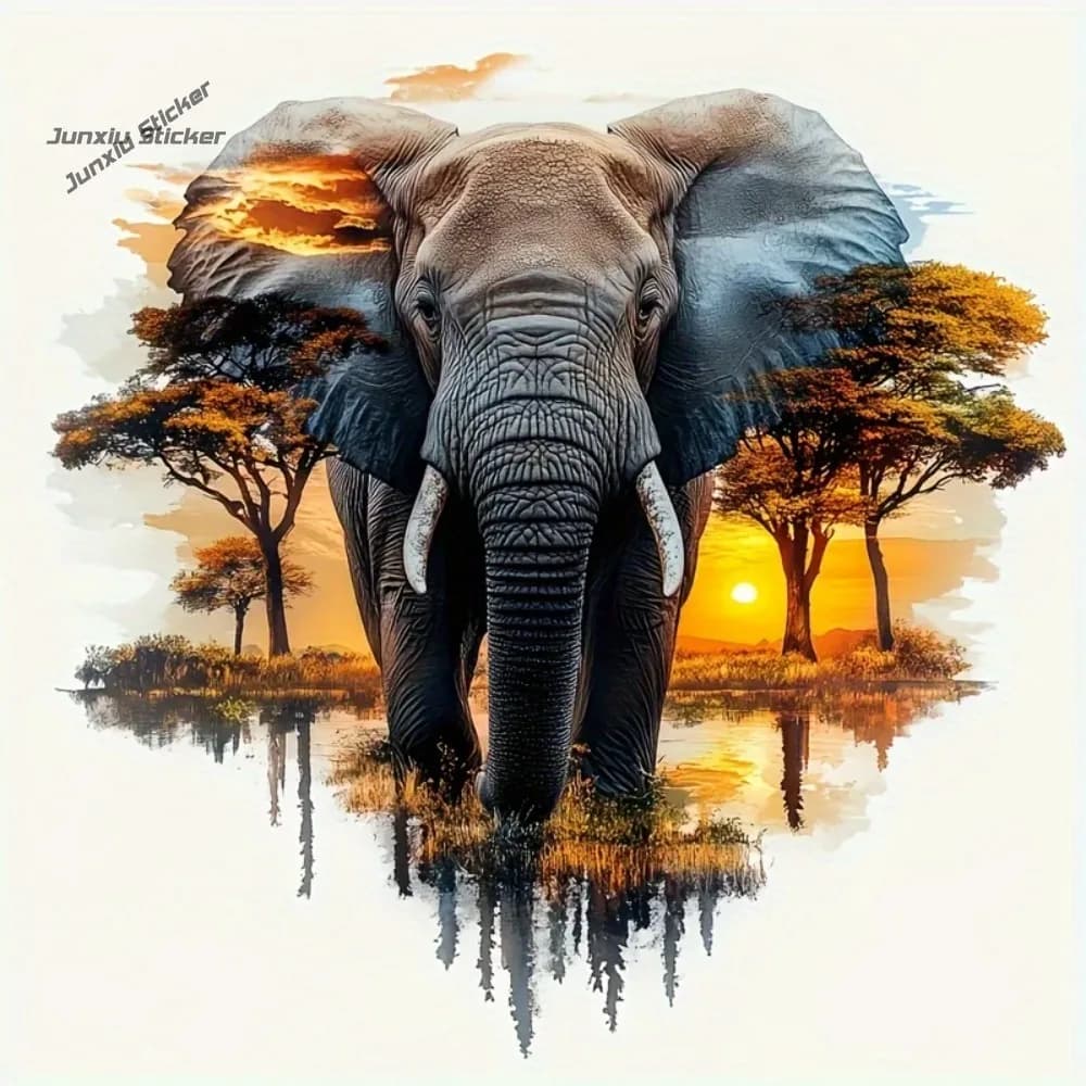 Adesivo in vinile con elefante e tramonto, autoadesivo per auto, laptop, telefono, moto, finestra o decorazione da parete, decorazione con elefante