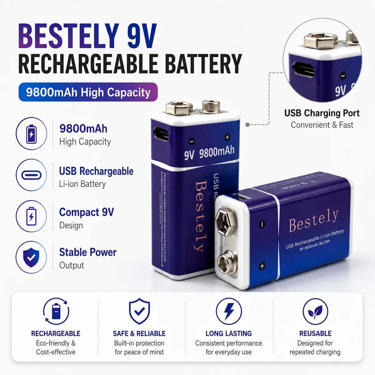 Batteria al Litio Ricaricabile Bestely 9V 9800mAh, Ricarica USB, Alta Capacità, Lunga Durata