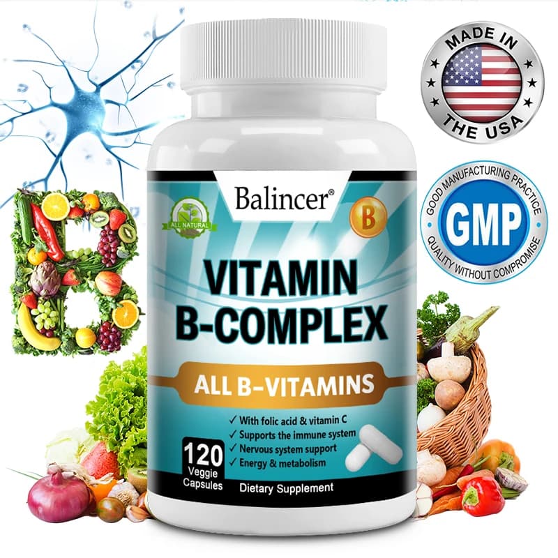 B vitamin supplement, folic acid and vitamin C, immune system support, nerve health and metabolism, mood support 120 capsules