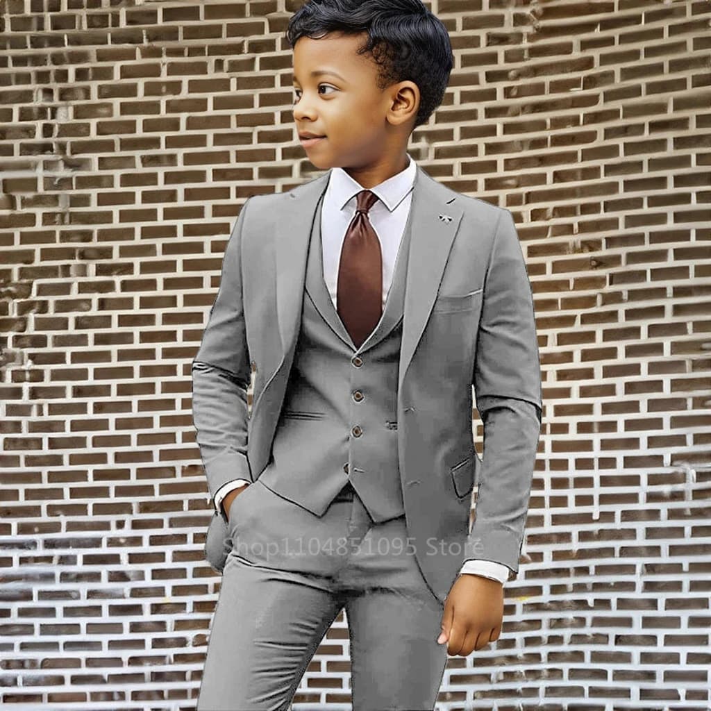 Abito da cerimonia per ragazzi, completo grigio 3 pezzi (giacca, gilet, pantaloni) per matrimonio, laurea, competizioni, taglie 2-18 anni, uniforme scolastica per adolescenti