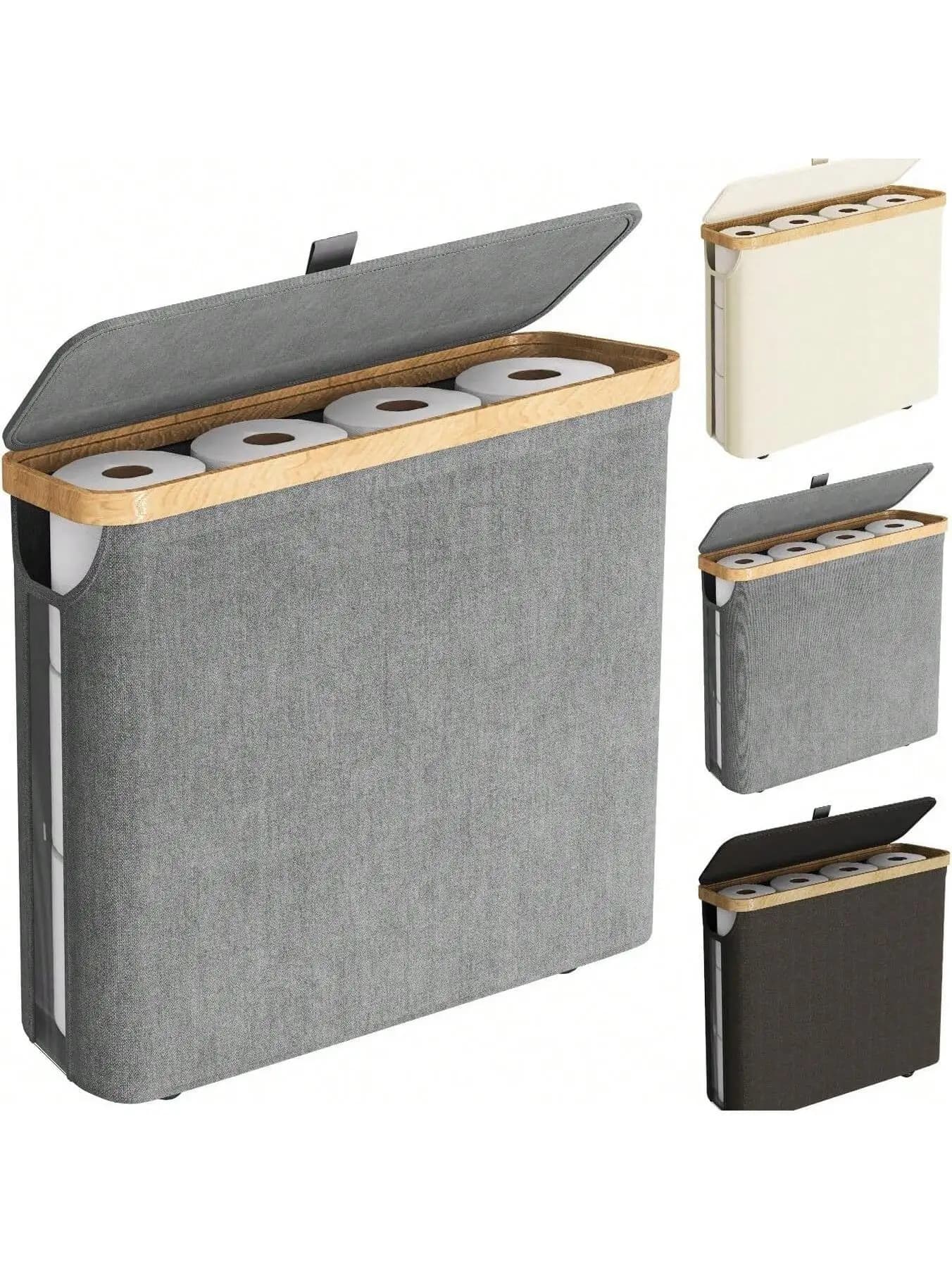 1pc Bamboo Bathroom Basket w/Lid - Holds 9 Toilet Rolls, Towel & Tissue Organizer | Bamboo Frame, Gray Faux Linen | Home Decor