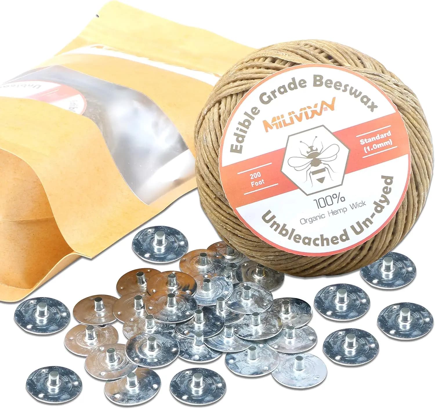 Stoppino per Candele in Canapa 100% Organica, Rivestito in Cera d'Api, 200ft + 200 Supporti per Stoppini