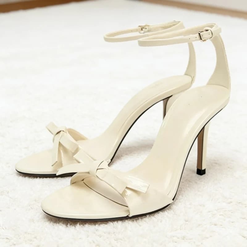 Shoes signed with beige bow Sandals with heel with ankle strap Woman Elegant patent leather High thin heels Party shoes Sandalias De Mujer