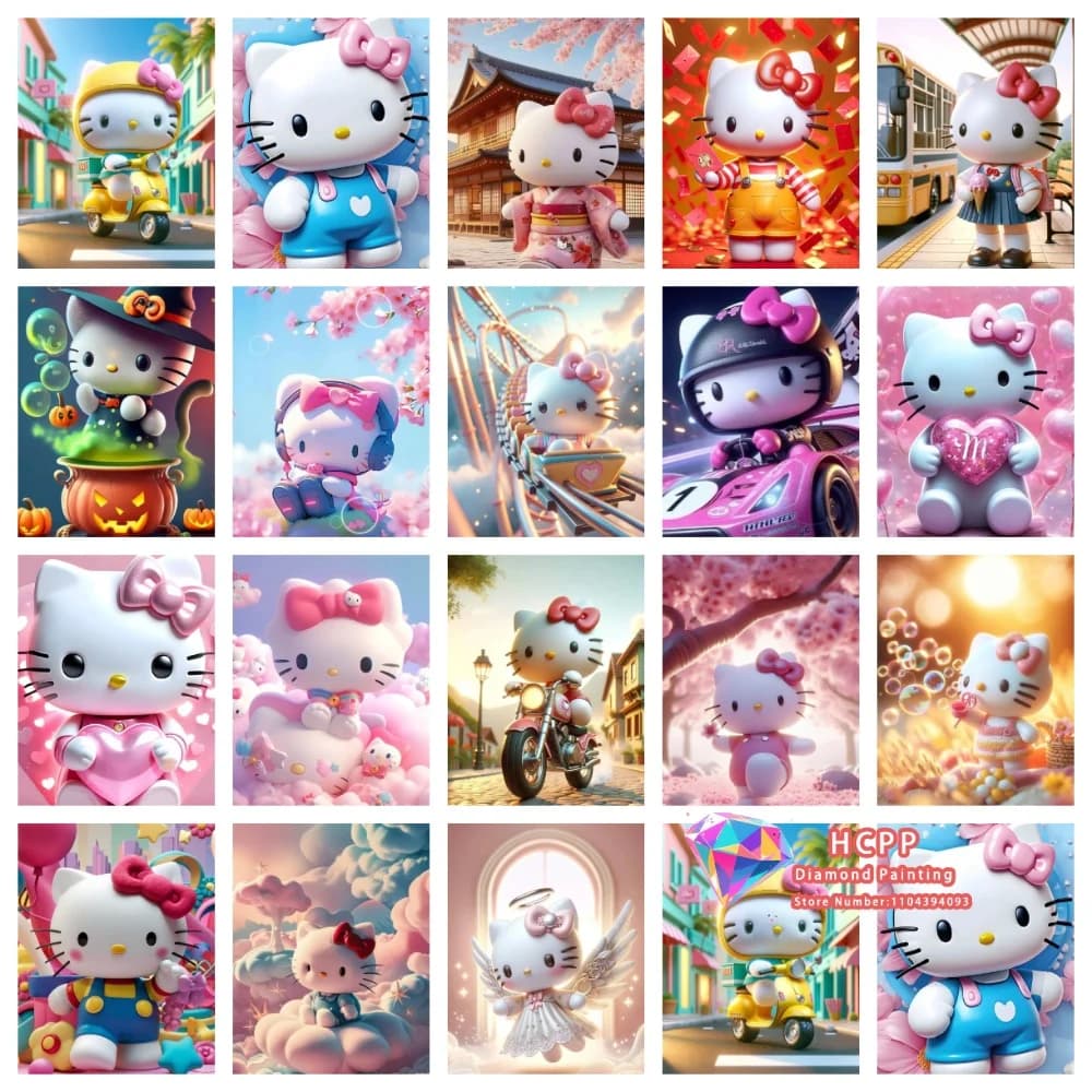 Kit Pittura Diamante 5D Hello Kitty Sanrio Quadrato e Rotondo, Fai da Te, Punto Croce, Arte Artigianale, Regalo, Decorazione Casa, Regalo Festivo