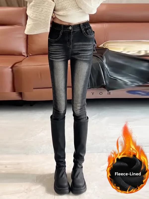 Retro American Fleece Lined High Waist Thickened Winter Denim Skinnies for Women Warm Elastic Boot Friendly Pencil Jeans