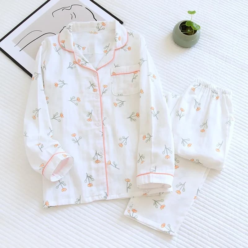 Pigiama da donna con pantaloni a maniche lunghe con stampa in puro cotone e filato di garza di cotone, set da casa ampio e taglie forti