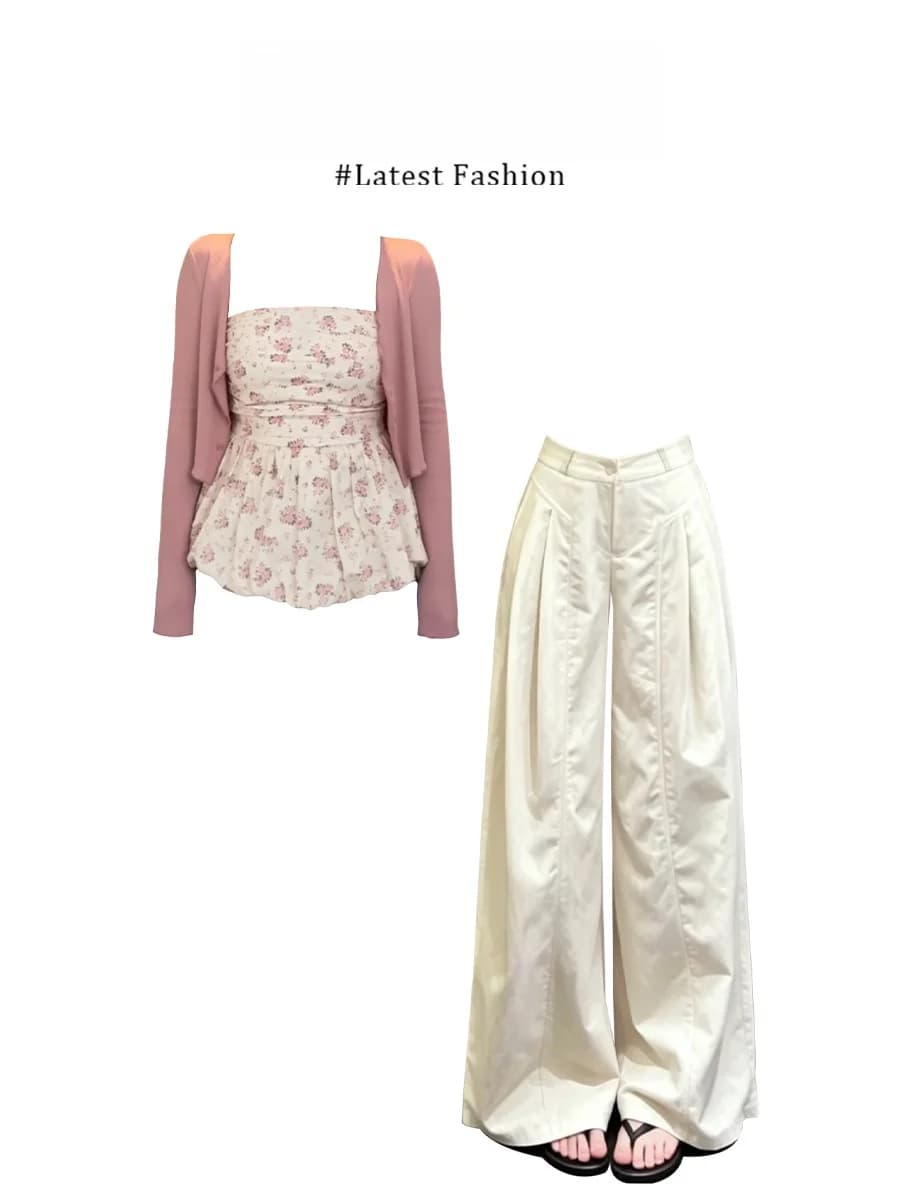 Parkyeon Summer Floral Print Sweet Style Women's Casual Shirt Cardigan Set Long Pants Comfortable Breathable Moisture Wicking