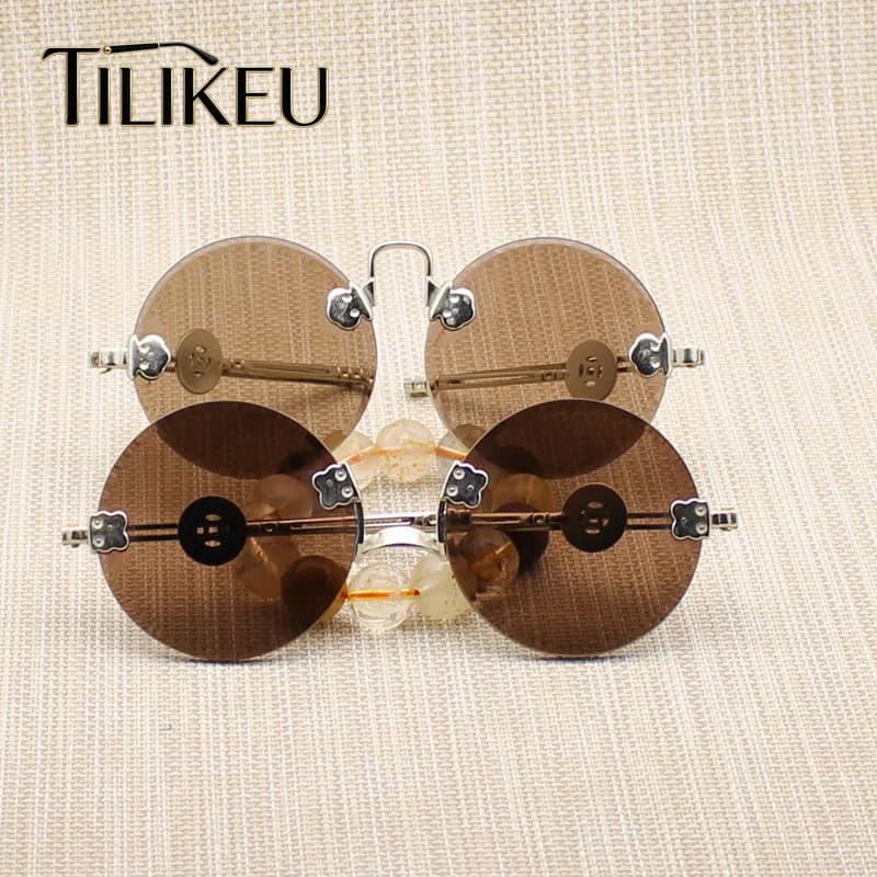 2026 Fashion Crystal Glass Sunglasses Men's Retro Round Frameless Eyewear Personalized Temple Design Rimless Sunglasses UV400