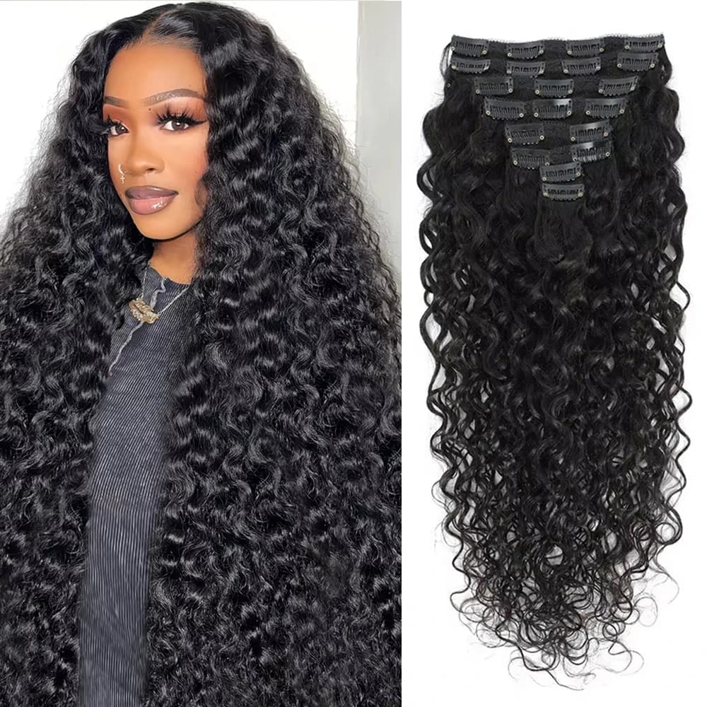 Extensions per capelli Yeslestm Water Wave con clip, 3C, ricci brasiliani vergini, extension con clip in capelli umani per donne, nero naturale
