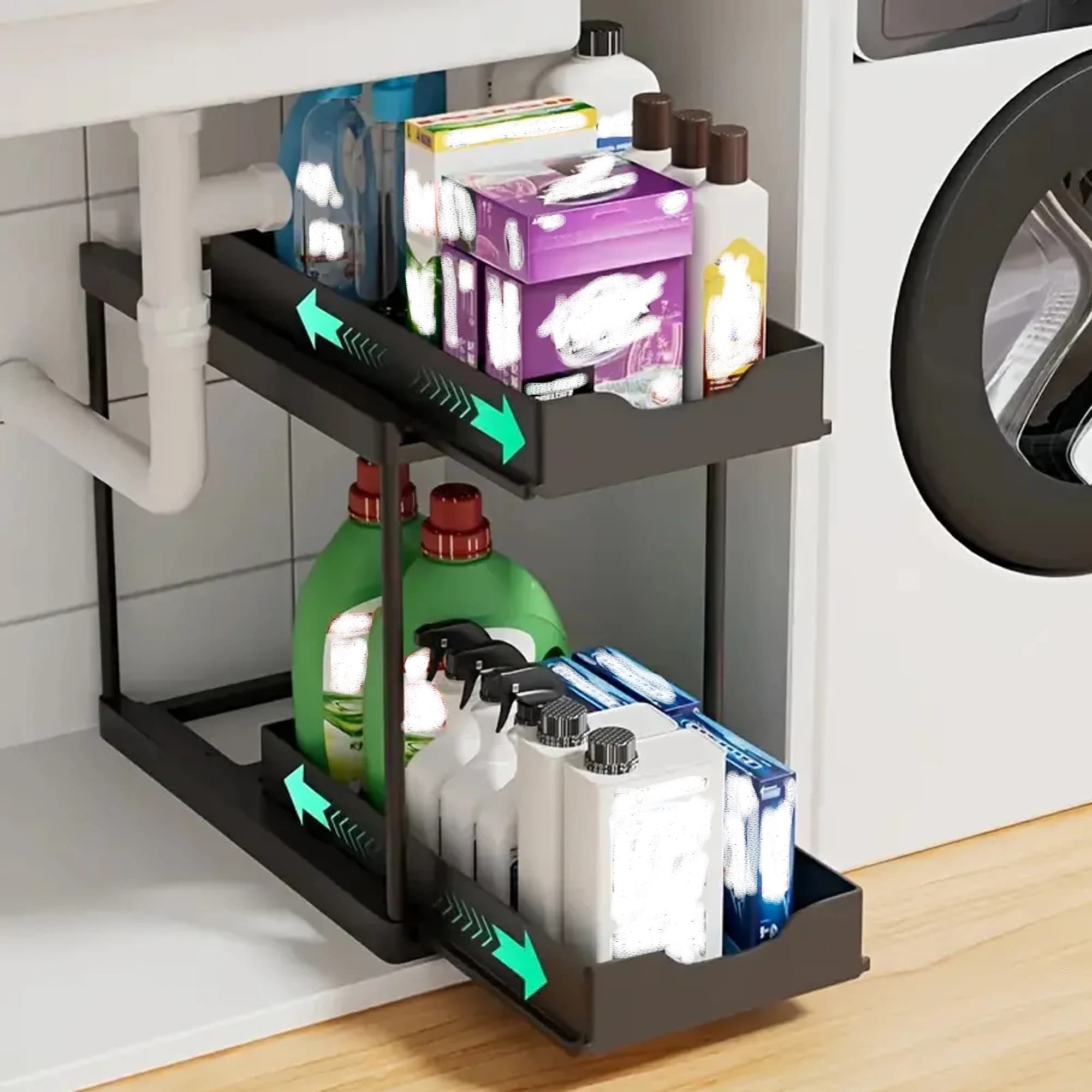 Double-Layer Pull-Out Kitchen Storage Rack, Non-Slip and Stable, Multifunctional Storage Box with Five Hooks, Under-Sink