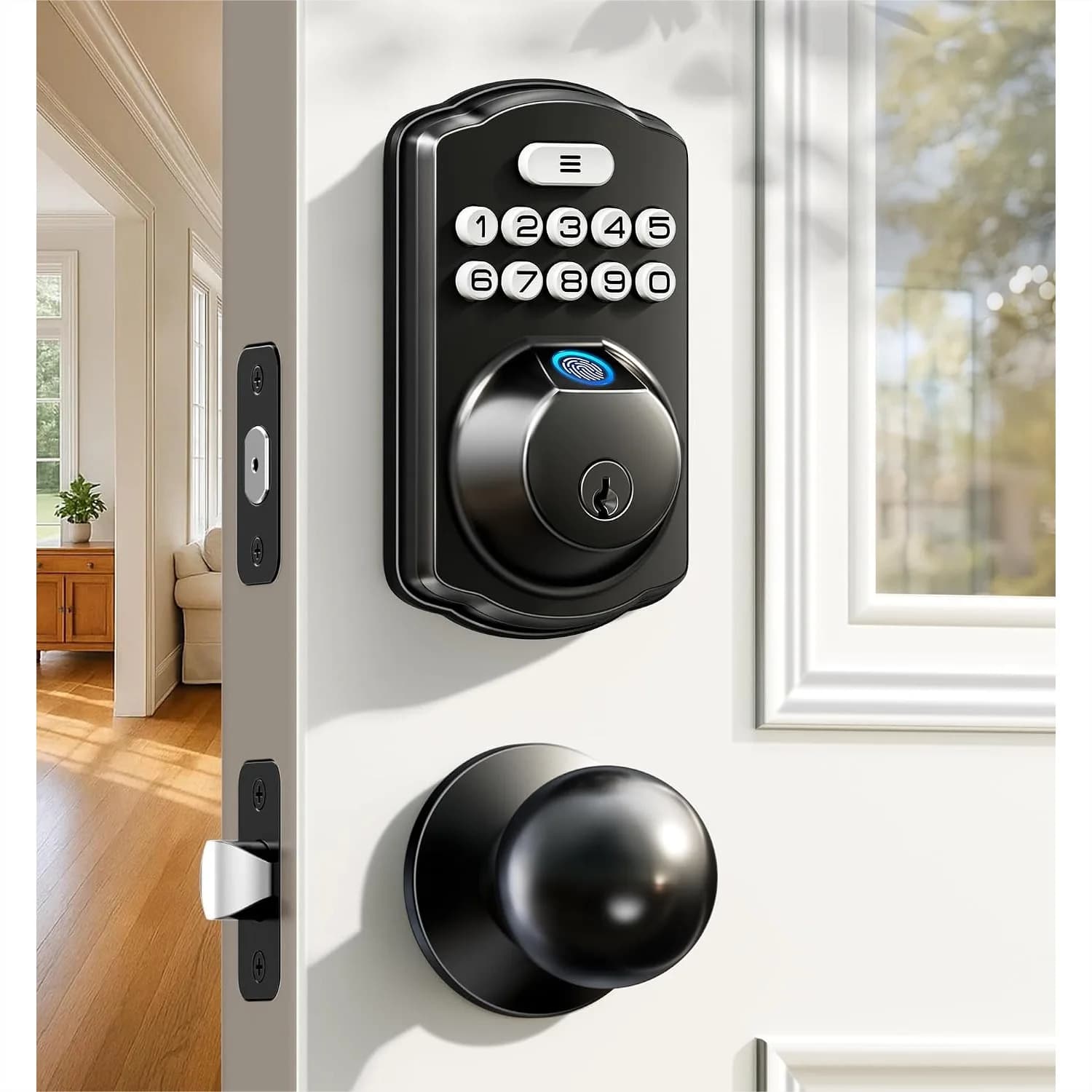 Fingerprint Door Lock with 2 Knobs - Keyless Entry Electronic Deadbolt, Auto-Locking, Easy Installation, Matte Black