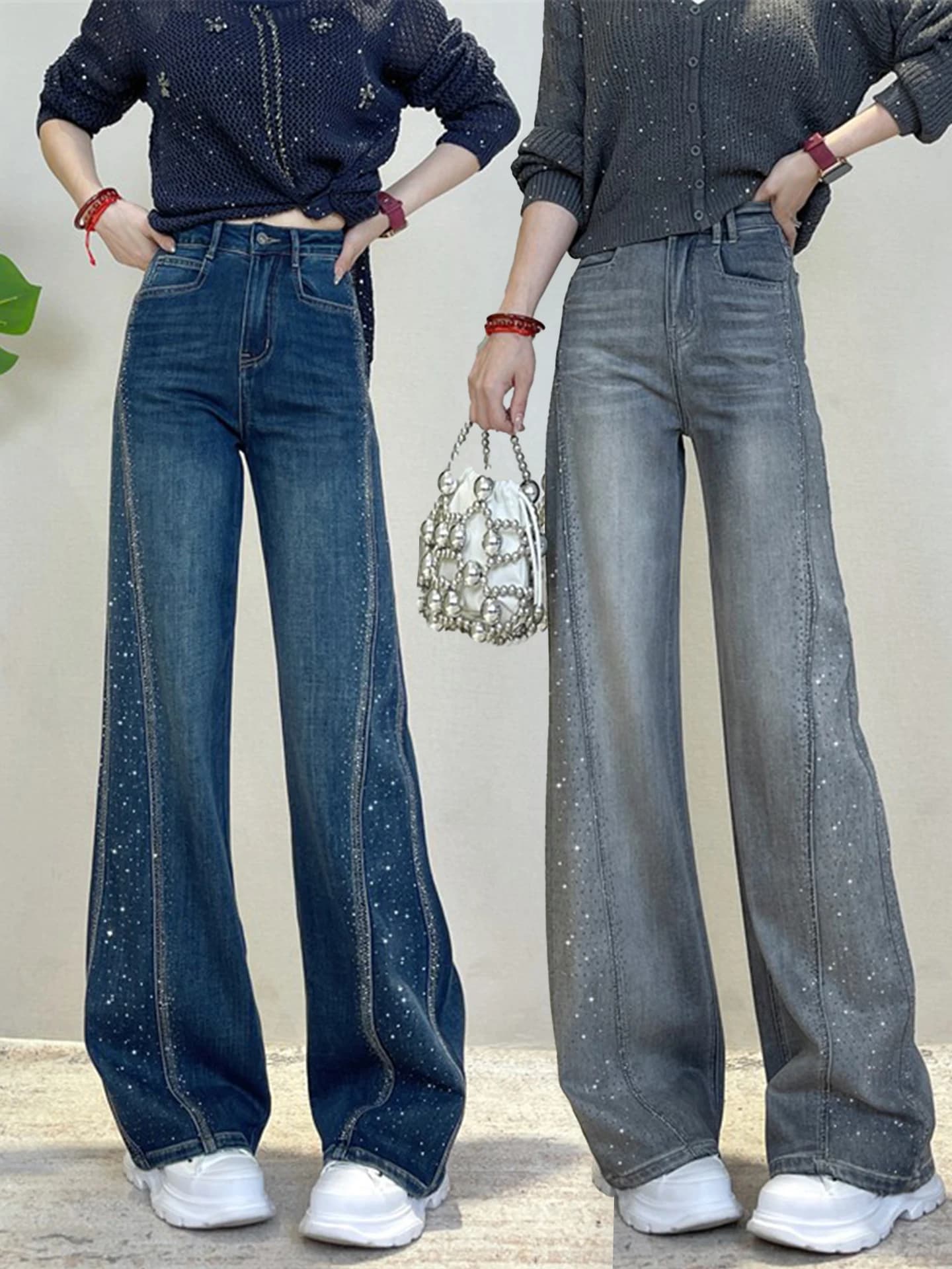 High Waist Wide Leg Skinny Denim Jeans Women's Casual Straight Cut Diamond Studded Jeans Spring Autumn Slimming Jeans