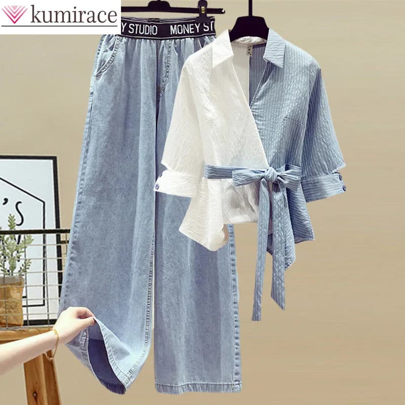 2025 Summer New Chiffon Shirt Sewn Women's Set Elegant Women's Jeans Casual Blouse Two Piece Women's Dress