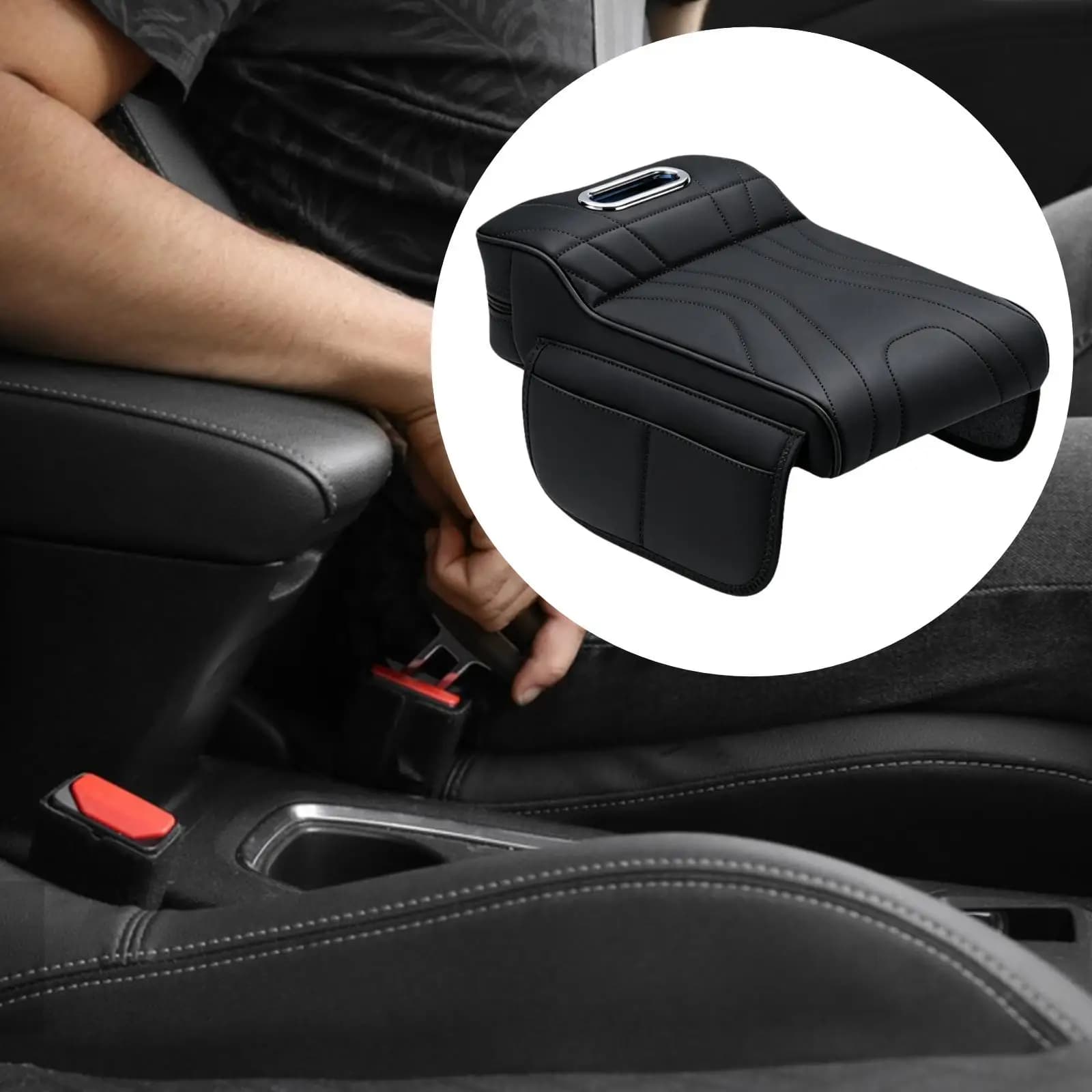 Car Armrest Box Pad Organizer Universal PU Leather Cushion with Storage Pocket for Vehicle Center Console