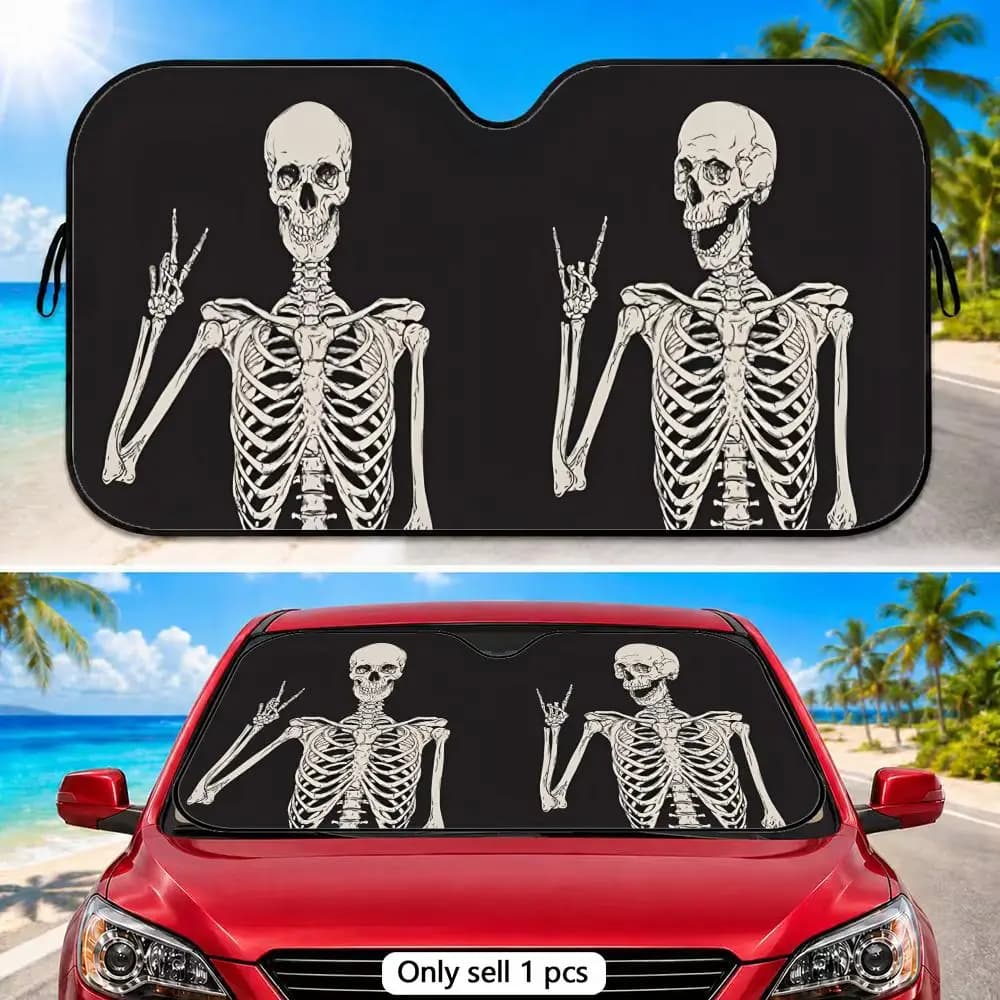 Halloween Skull Driving Sun Visor Car Front Window Windshield Sunshade Five-Layer Aluminum Foil UV Protector Heat Shield