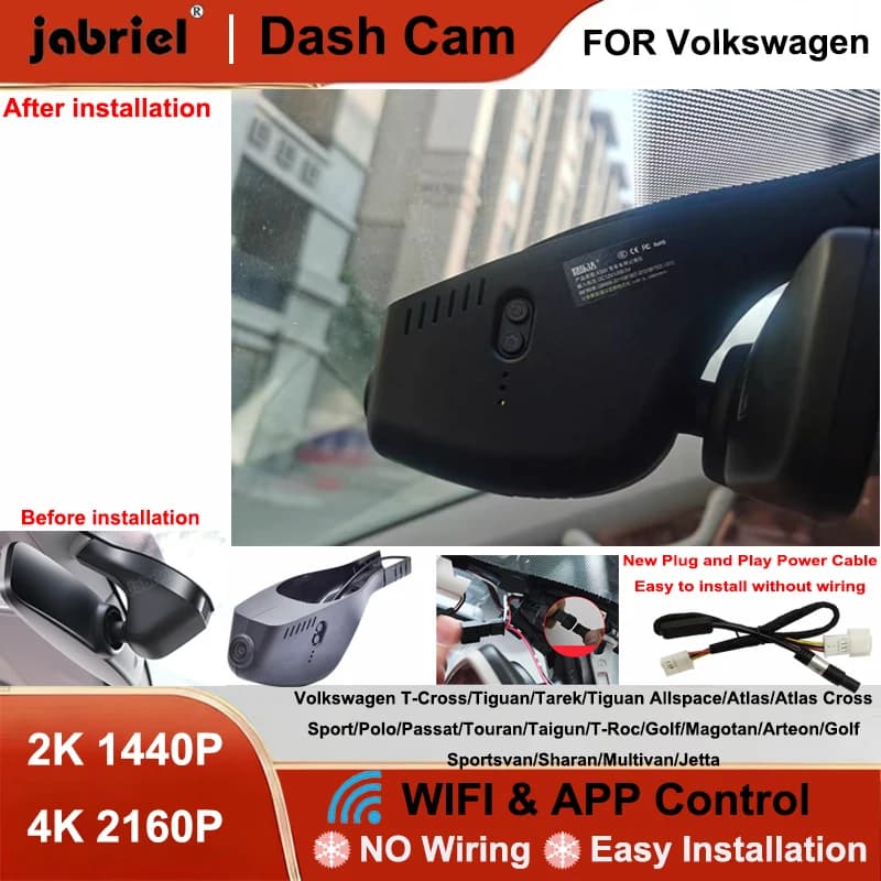 DashCam Wifi Jabriel per Auto, DVR per Volkswagen VW Passat Tiguan Tarek Atlas Polo Touran Taigun Golf Arteon Sharan Arteon Skoda Seat