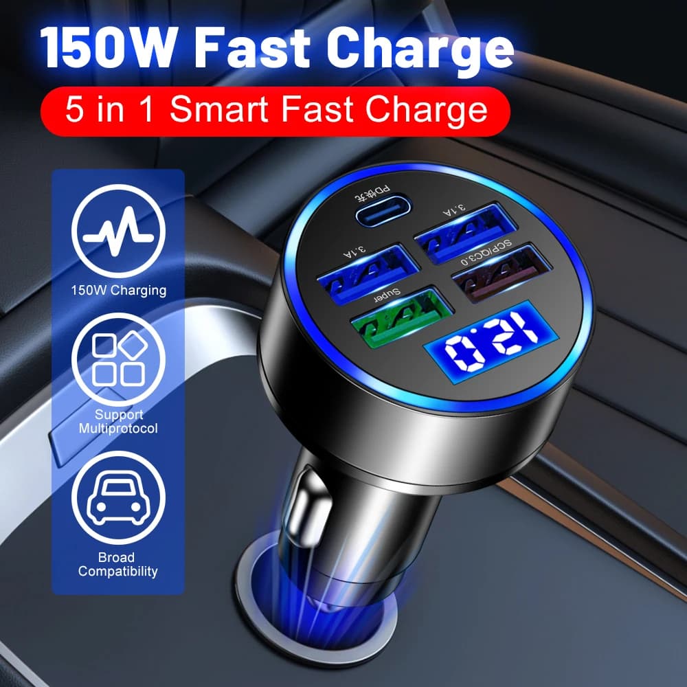 Car Charger with Digital Display 150W 5 Doors PD QC 3.0 Quick Charging for iPhone Samsung Huawei Xiaomi Car Lighter Adapter