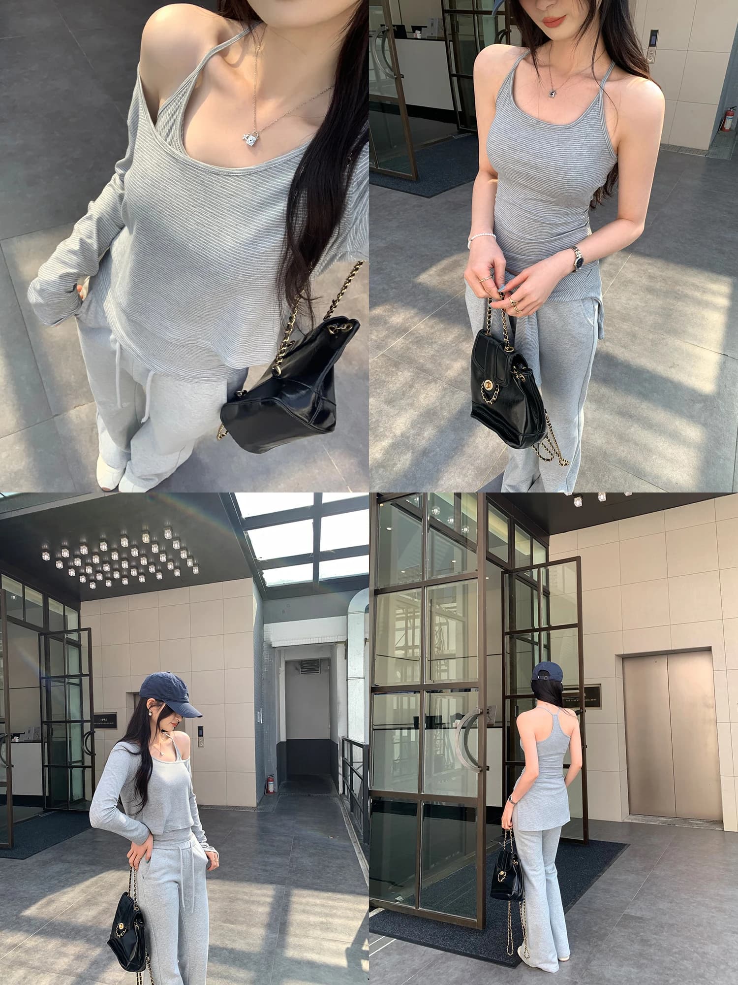 Women's Stripe Inner Wear Shoulder Baring Long Sleeve Cover up T-Shirt Two Piece Set Spring New Style Short Top Casual Commut...