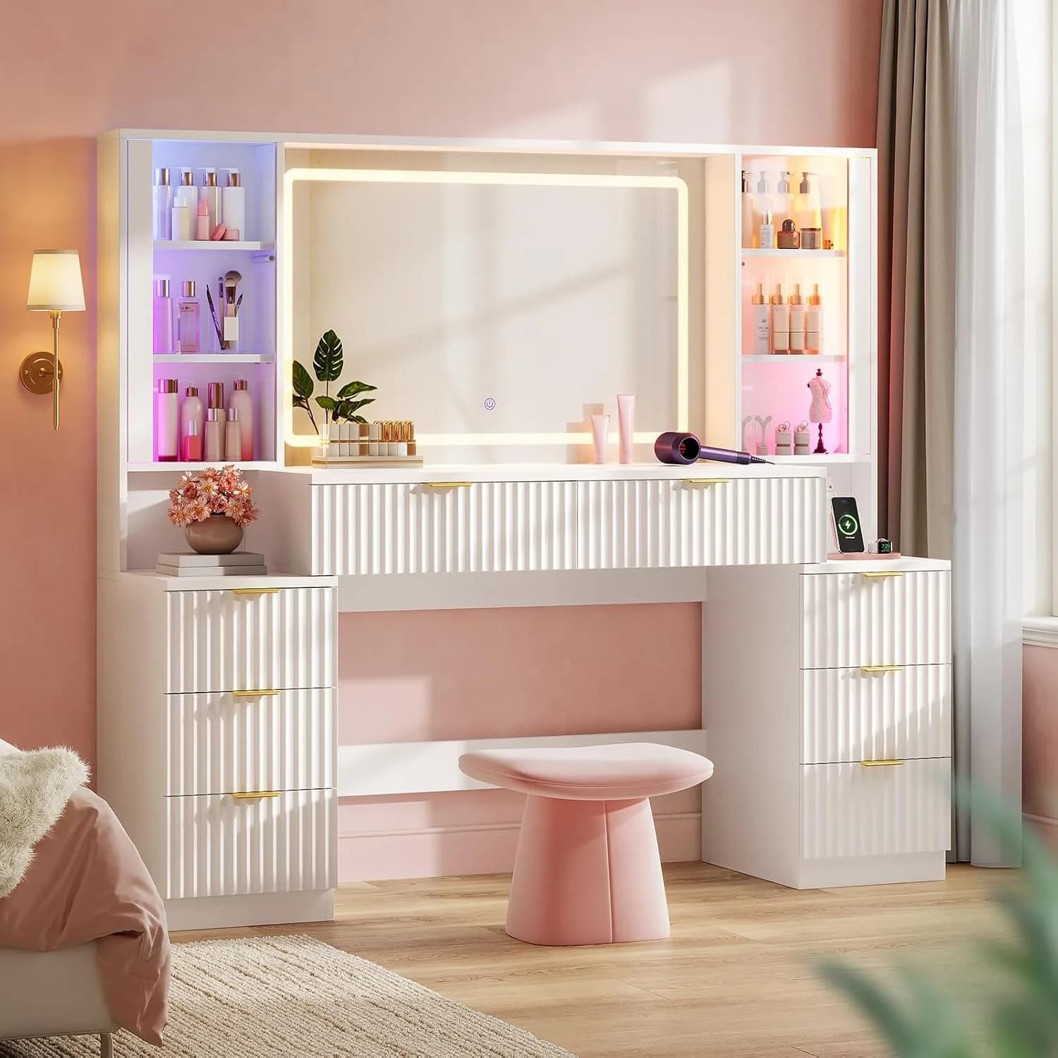 Big Fluted Wood Makeup Vanity Desk With Mirror Sound Sync LED Lights & 8 Drawers, Custom