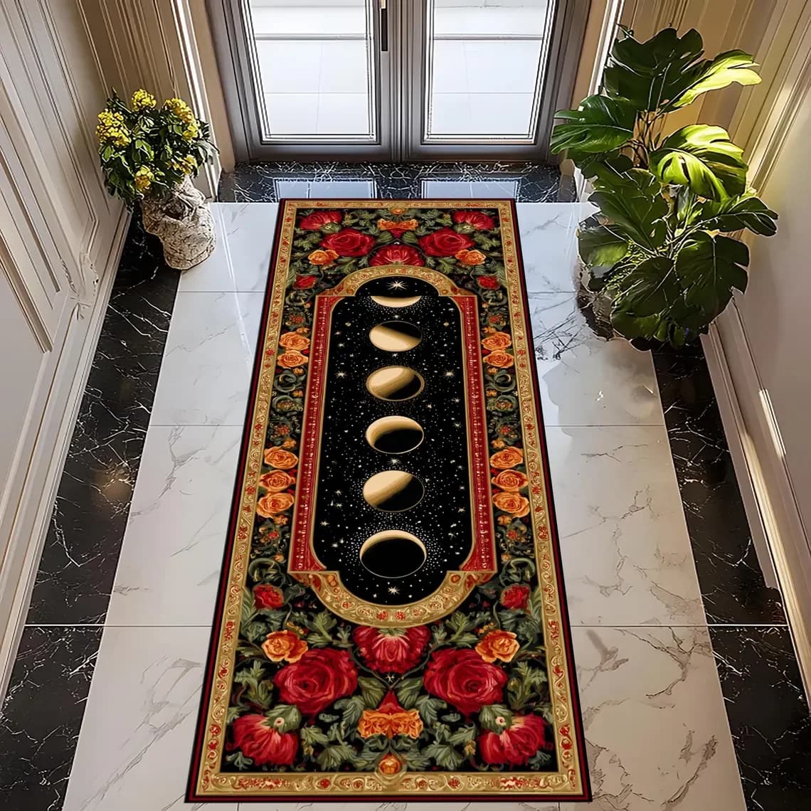 Floral gothic pastry mat with moon phases, dark red, rose print, anti-slip, for entrance, zerbino, bedroom mat