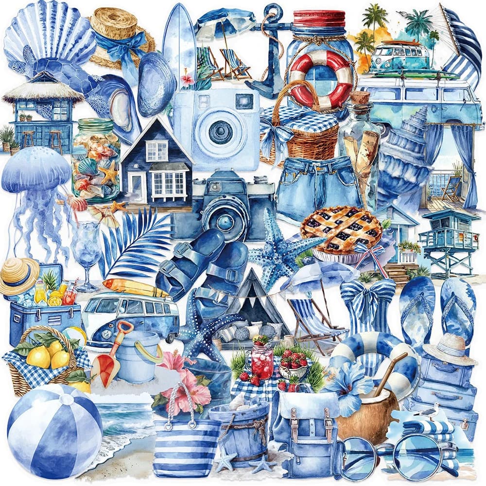 10/30/50pcs Transparent Blue Summer Beach Stickers Coastal Life Cute Aesthetic Decals DIY Luggage Helmet Decoration Sticker Pack