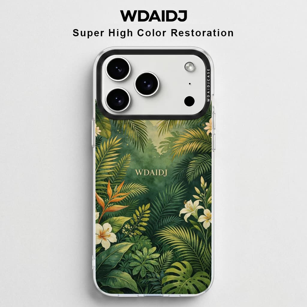 Custodia per telefono con stampa botanica vintage giungla tropicale per iPhone 17 16 15 14 13, cover trasparente antigraffio verde lussureggiante