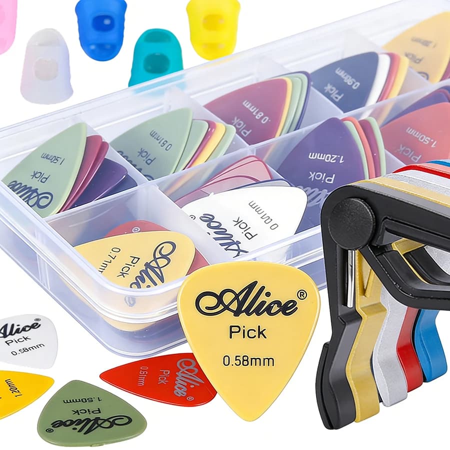 Kit di Accessori per Chitarra - 30 Plettri e Scatola Portaoggetti a 10 Scomparti, 4 Protezioni per Dita e Capotasto per Chitarra Acustica, Elettrica e Ukulele