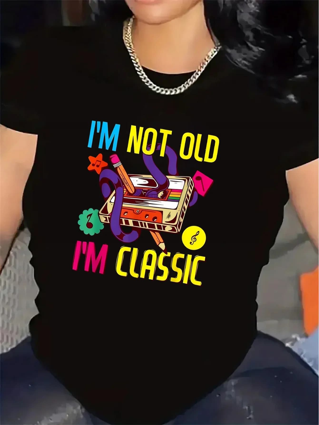 Retro Tape T-Shirt - Women's Black "I'M Not Old, I'M Classic" Features a Nostalgic Design from the 80S and 90S This Soft Top Features a Round Neck and Short Sleeves, Making It Lightweight and Durable, Perfect for Home and Outings.