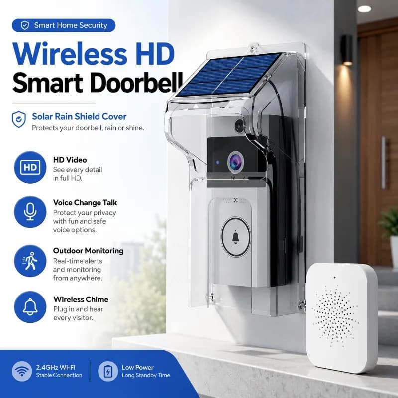 Outdoor Wireless HD Video Doorbell Solar Powered with Rain Cover Voice Change Intercom Home Security Camera