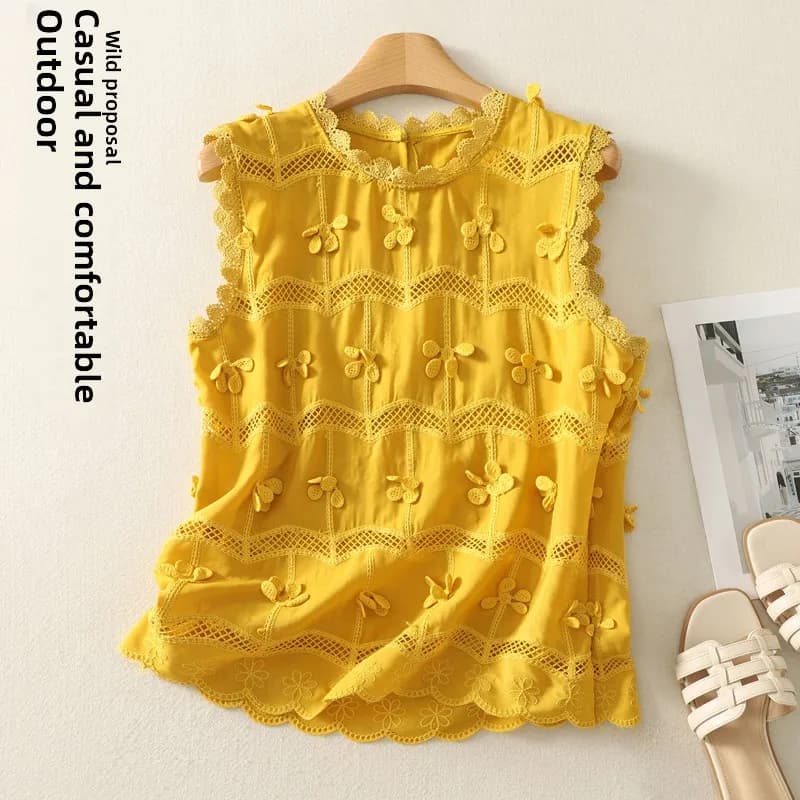 plus Size Women's round Neck Sleeveless T-Shirt Hollow out Vest Summer New Style Base Shirt Comfortable Breathable Commute Style