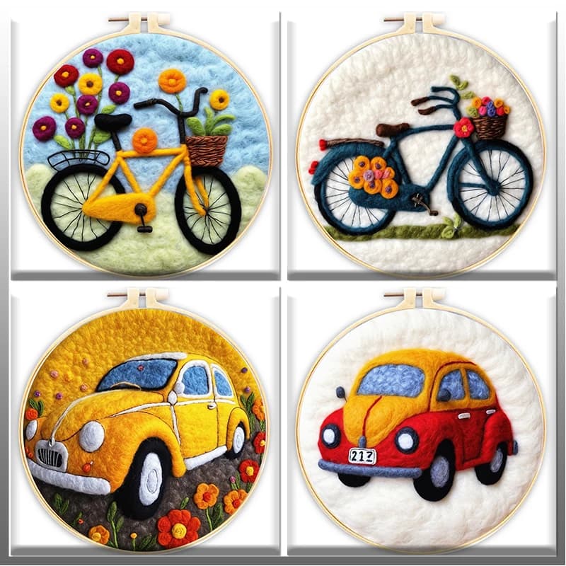 CHENISTORY 20x20cm Needle Felting Kits Beginners Bicycle and Cars DIY Wool Needle Felting Starter Kit Home Decoration Art Craft