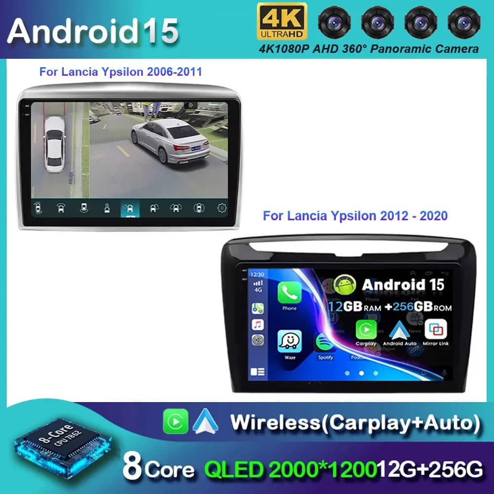Autoradio Android 15 per Lancia Ypsilon 2006-2020 - Lettore Multimediale GPS Navigatore Wireless Carplay