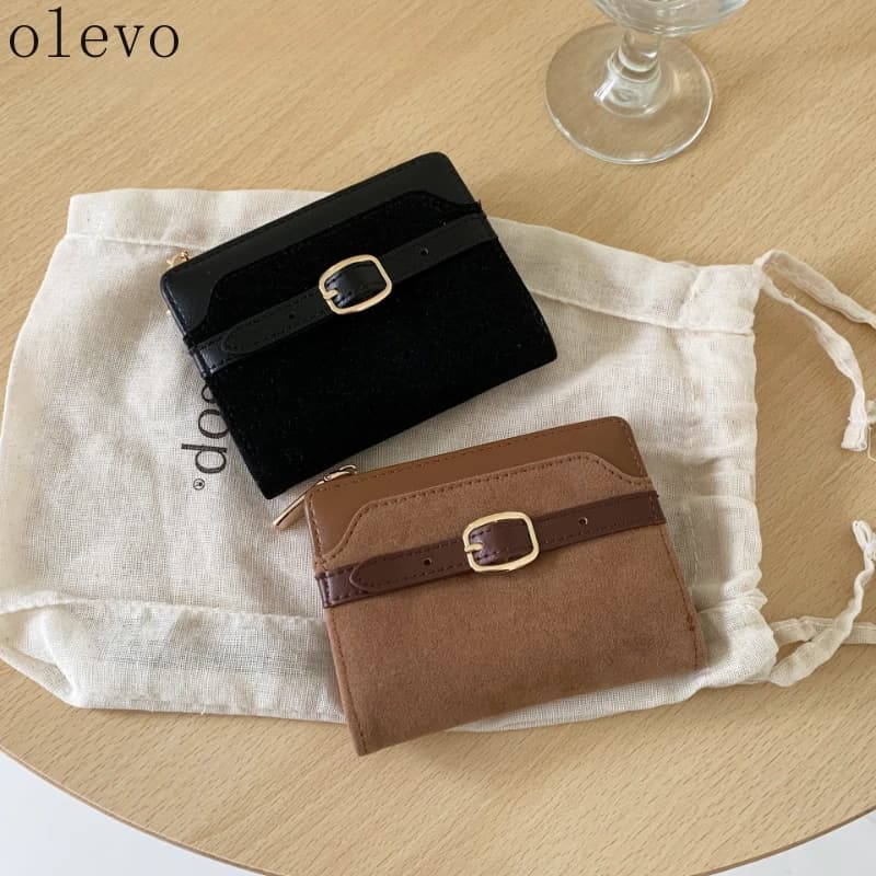 Nuovo Portafoglio Corto da Donna in Pelle Scamosciata Marrone, Portafoglio Premium a Due Pieghe in Pelle, Porta Carte Semplice e alla Moda con Fibbia per Cintura, Portamonete
