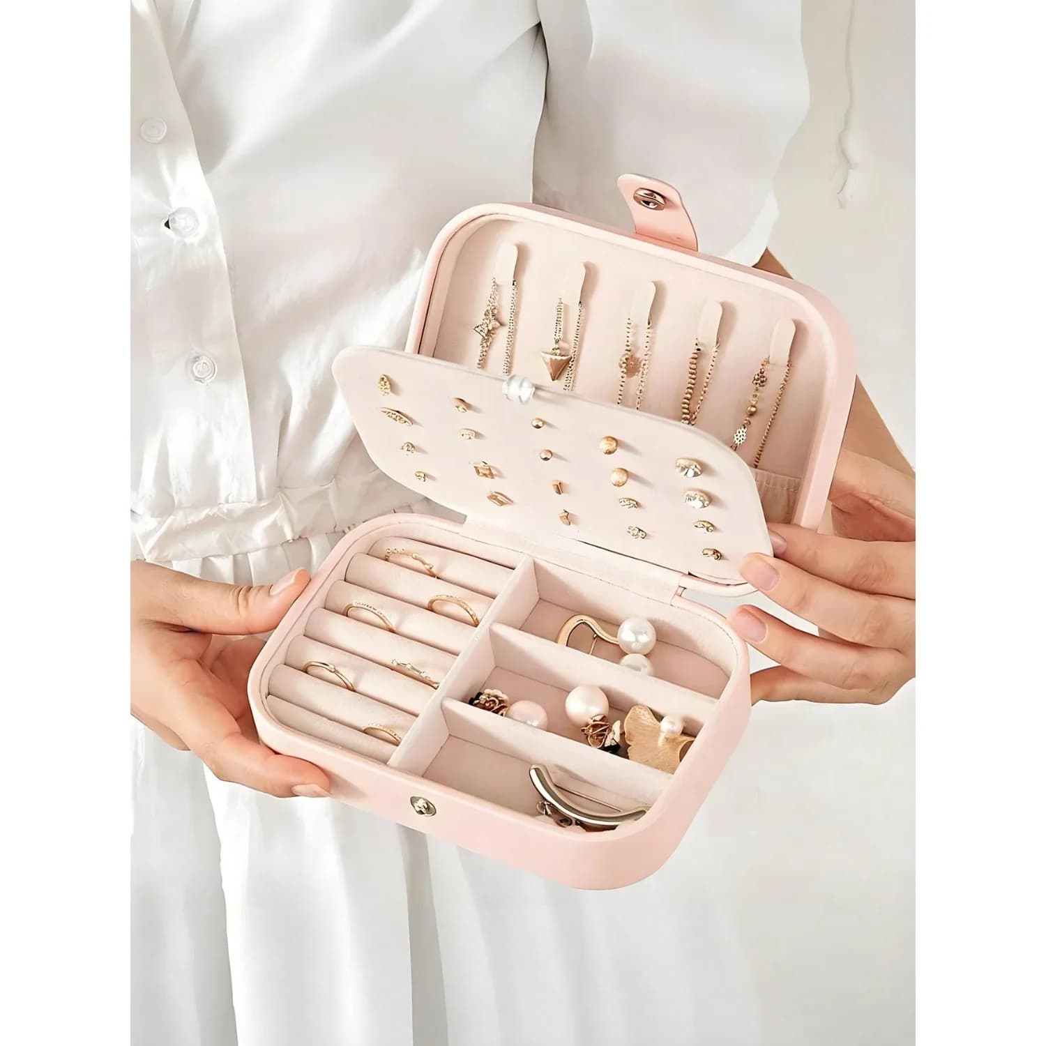 Scatola portagioie portatile in pelle PU da 1 pezzo, custodia per gioielli a doppio strato per orecchini, anelli, collane, bracciali, pendenti, da viaggio