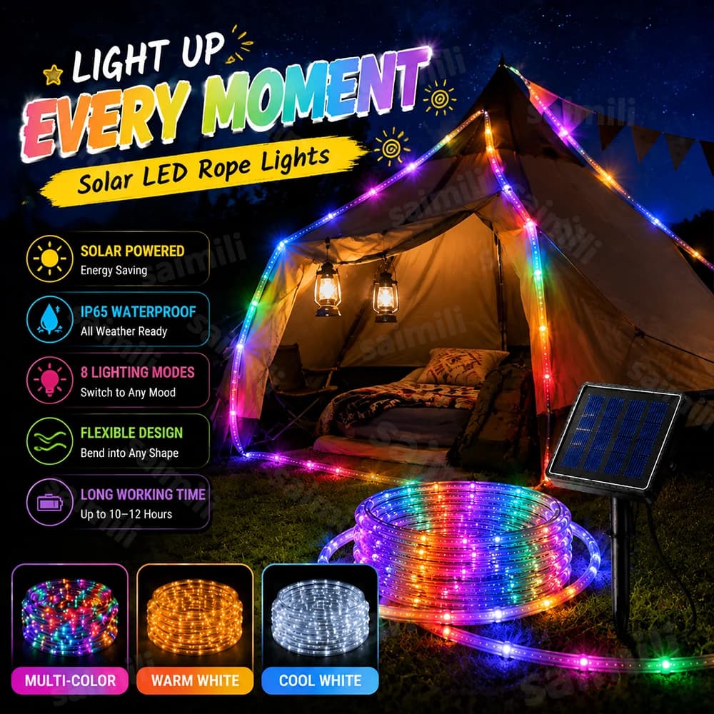 Waterproof Solar LED String Lights Tube Rope 8 Modes Outdoor Glow Lamp for Garden Yard Fence Patio Holiday Home Party Decor