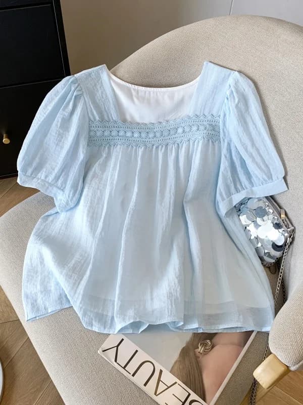 Summer 2026 New Style Women's Square Collar Short Sleeve Chiffon Doll Shirt French Style Straight Tube Polyester Fiber Blouse