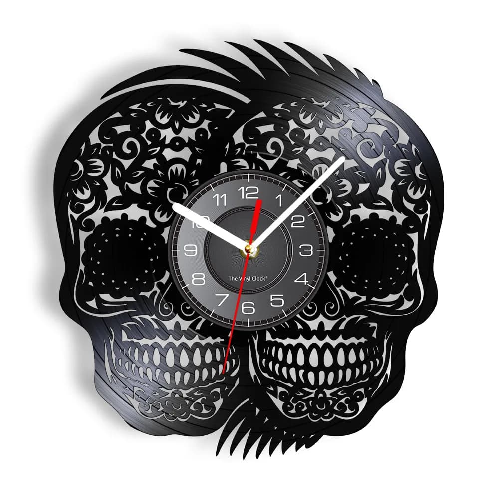 Due teste di teschio Arte della parete di Halloween Teste di scheletro Disco in vinile Orologio da parete Decorazioni per la casa Teschi della morte Orologio da parete moderno Arte fatta a mano