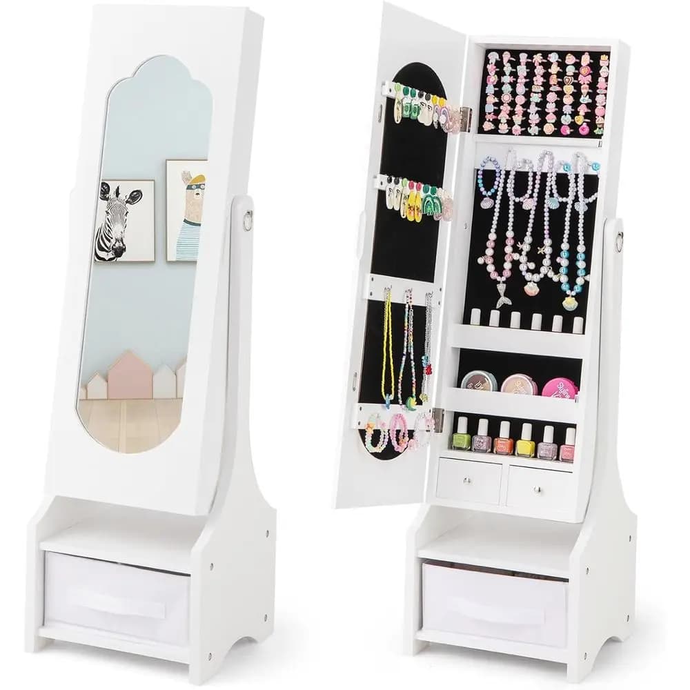 Kids lry Armoire Cabinet - Standing lry Organizer or Girls, ull Length Mirror, Storage Ders and Shelves, Kids Vanity Dring Mirro