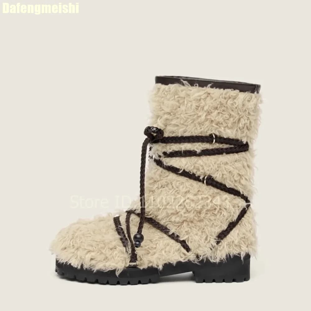 New Snow Boots to Fashion 2026 with Thick Wool Sole, Casual Winter Boots in True Leather with Laces, Warm Boots Mid-Powter for Women