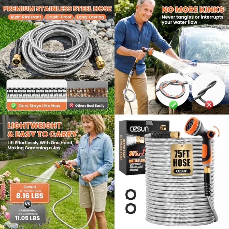 75 Feet Metal Garden Hose, Stainless Steel Heavy Duty Water Hose With 10 Function Nozzle, No Kink Flexible, Lightweight and Dur