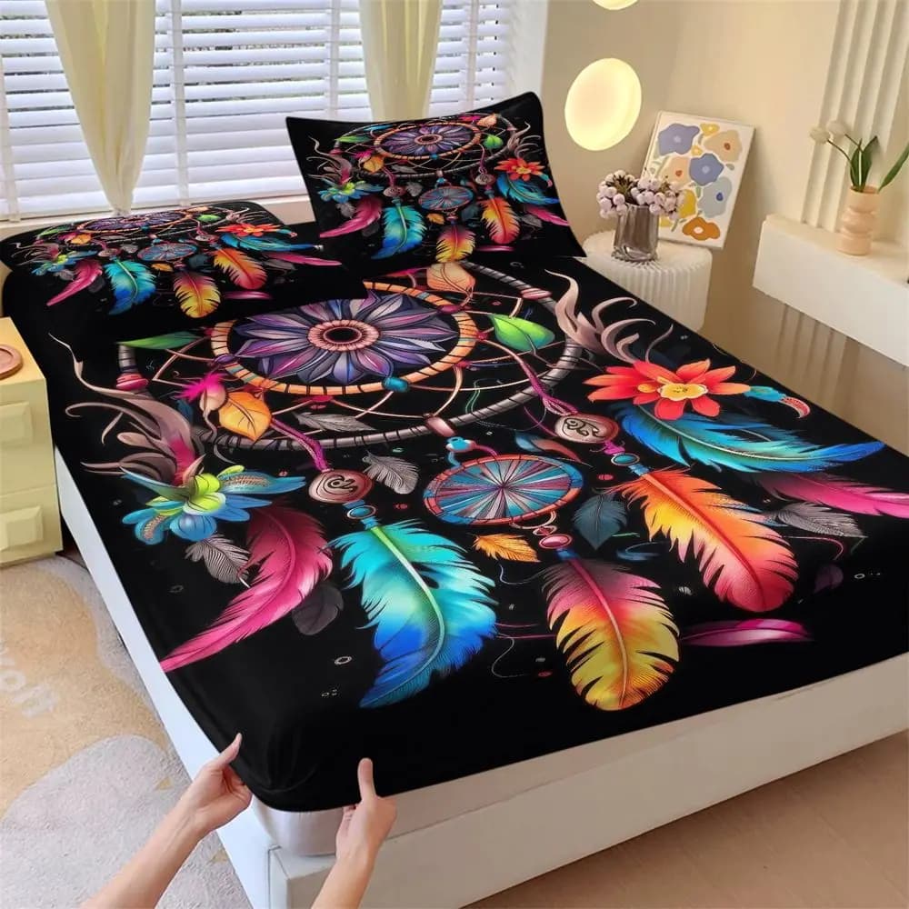 Boho Dreamcatcher Fitted Sheet Set 1 Fitted Sheet + 2 Pillowcases Psychedelic Feather Bedding Set Soft Bed Room Decor