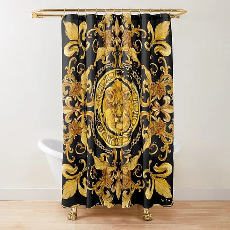 Tenda da Doccia Dorata Barocca Simmetrica con Leone e Ornamento Damascato, Design di Lusso, Tende da Bagno in Pizzo Dorato con Ganci