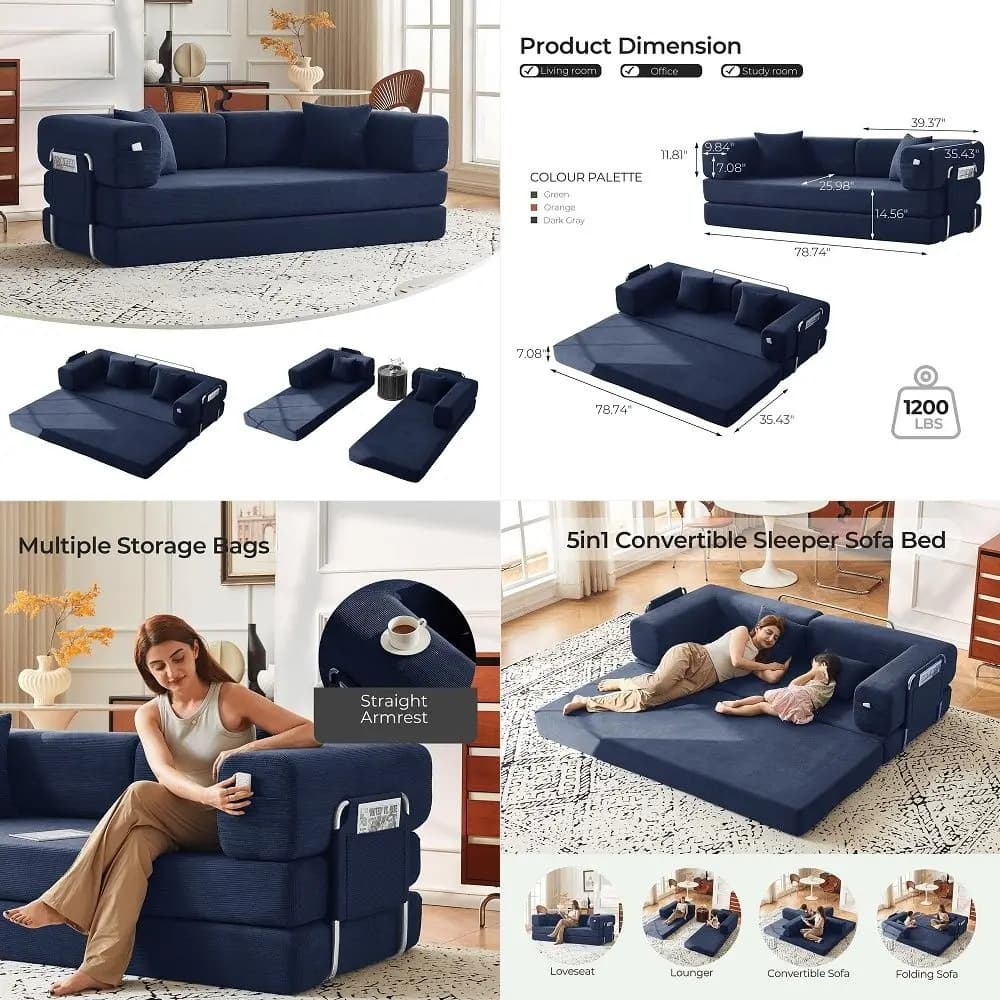 Divano Letto Convertibile con Cuscini, Divano Pieghevole in Corduroy con Telaio a Forma Fissa, Divano Senza Struttura per Soggiorno e Camera da Letto