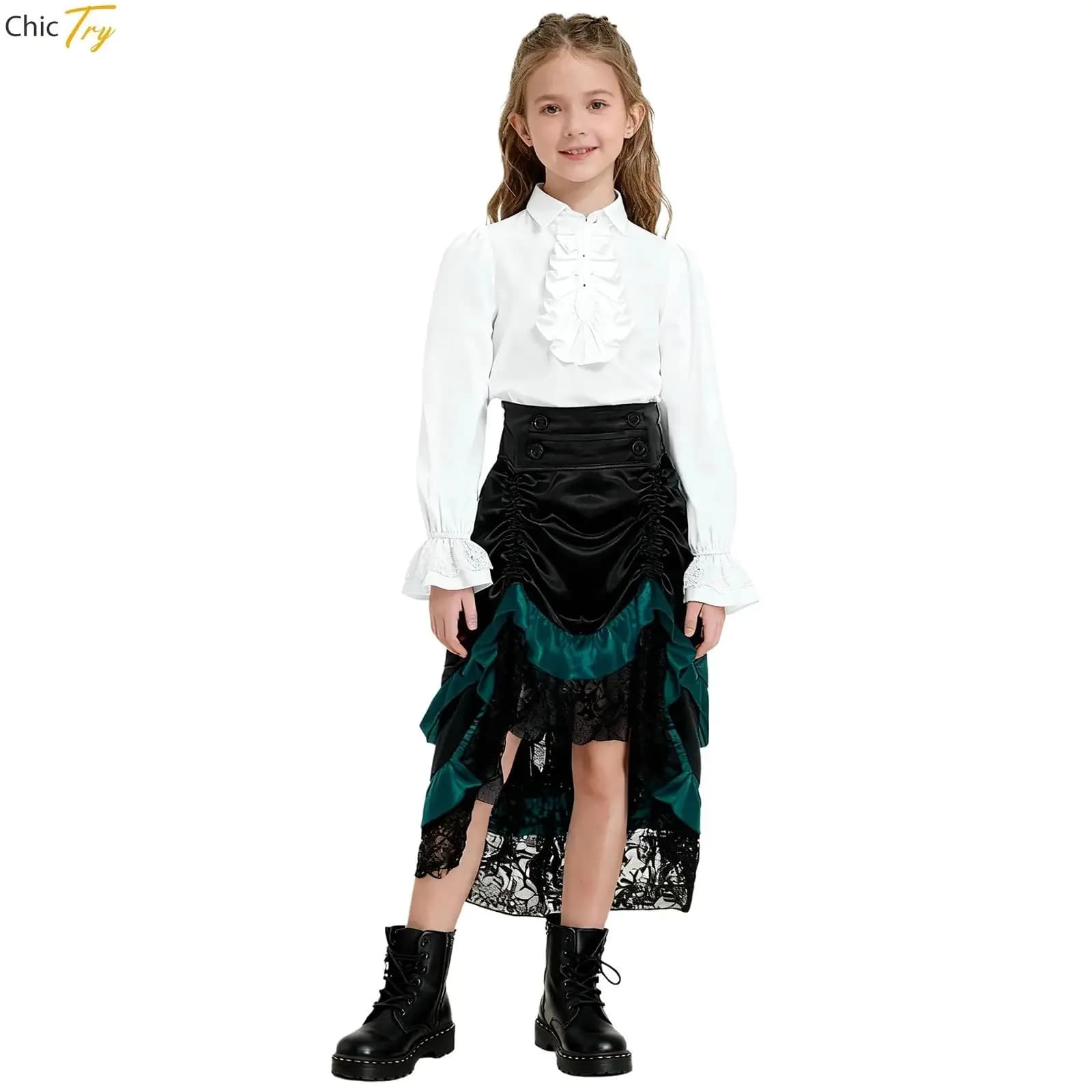 Costume medievale per ragazza di Halloween, camicia vittoriana da principessa reale rinascimentale vintage con gonna a volant a strati a vita alta