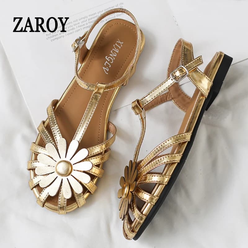 Sandali piatti da donna ZAROY Fashion Weave Gold, design estivo di marca, traforati, con cinturino sottile, punta chiusa, stile gladiatore romano.