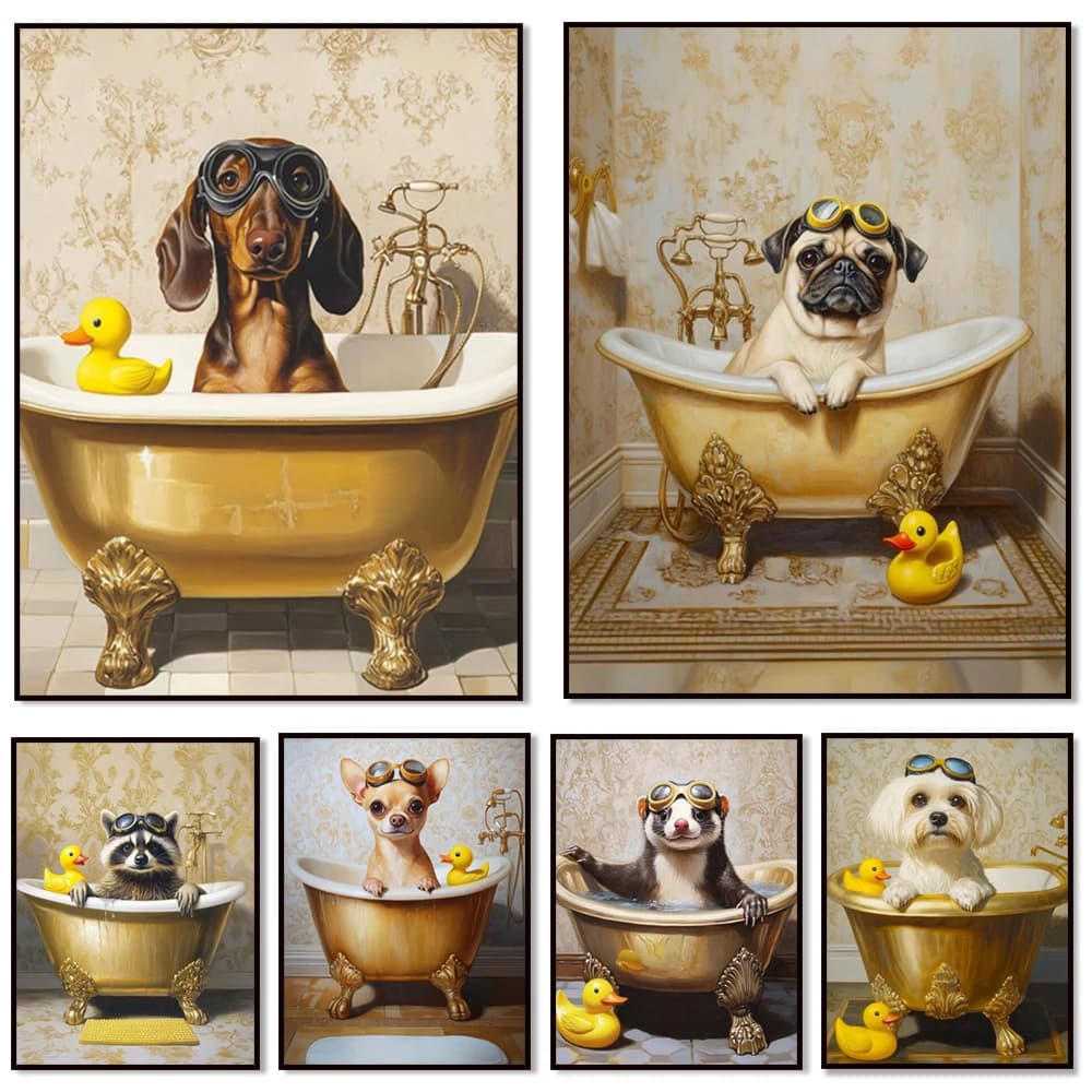 Pug, Greyhound, Dachshund, Doberman e Maltese in una vasca da bagno; cani che indossano occhialini da nuoto durante il bagno; poster da bagno.